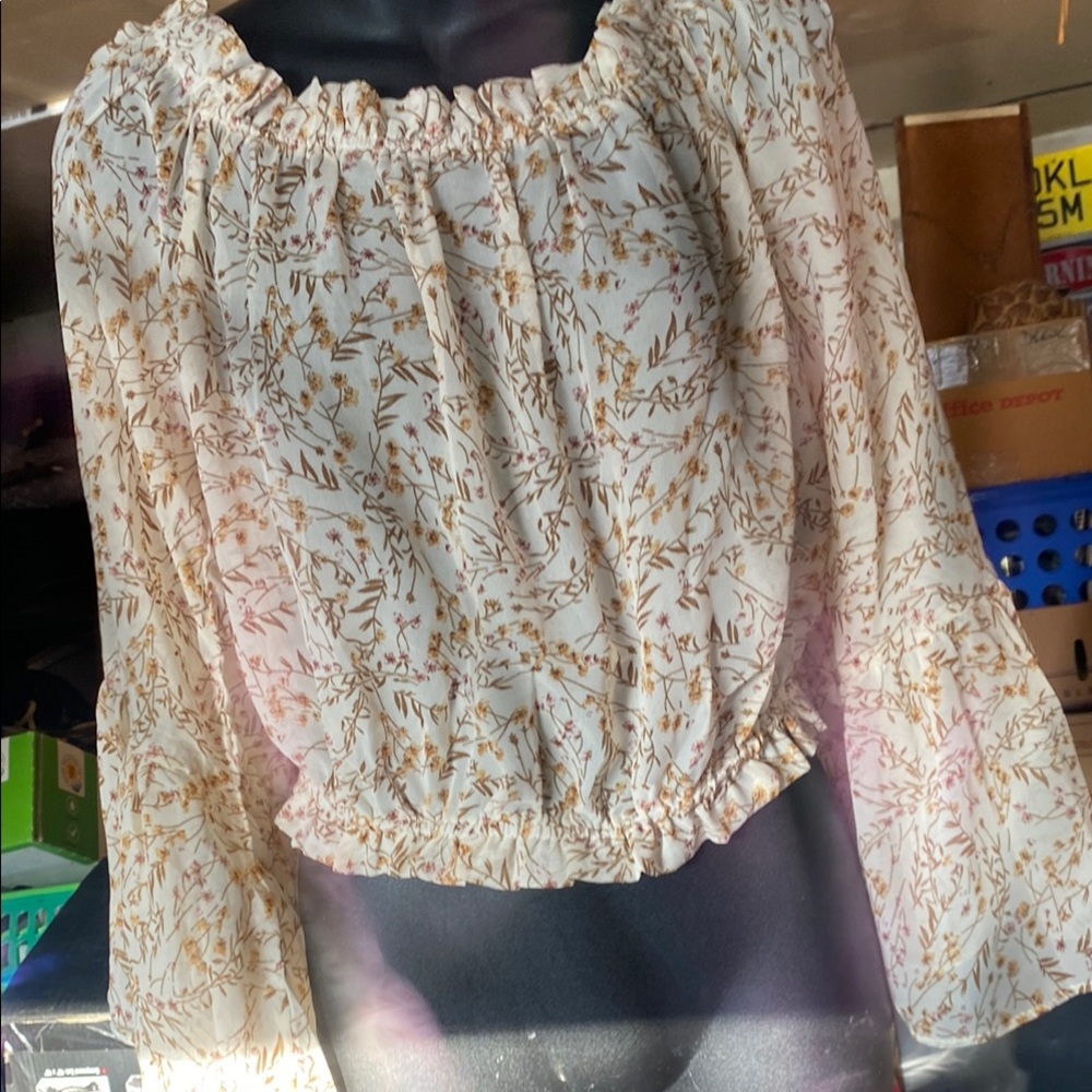 SHEIN Tan Cream Smocked Ruffled Blouse